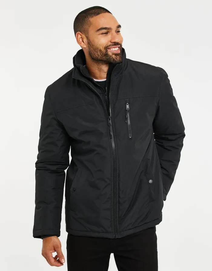 Men Black Funnel Neck Mock Layer Jacket Black Threadbare Jacket and Coats