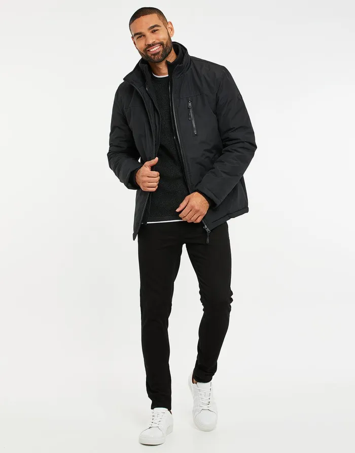 Men Black Funnel Neck Mock Layer Jacket Black Threadbare Jacket and Coats Men Black Funnel Neck Mock Layer Jacket Black Threadbare Jacket and Coats