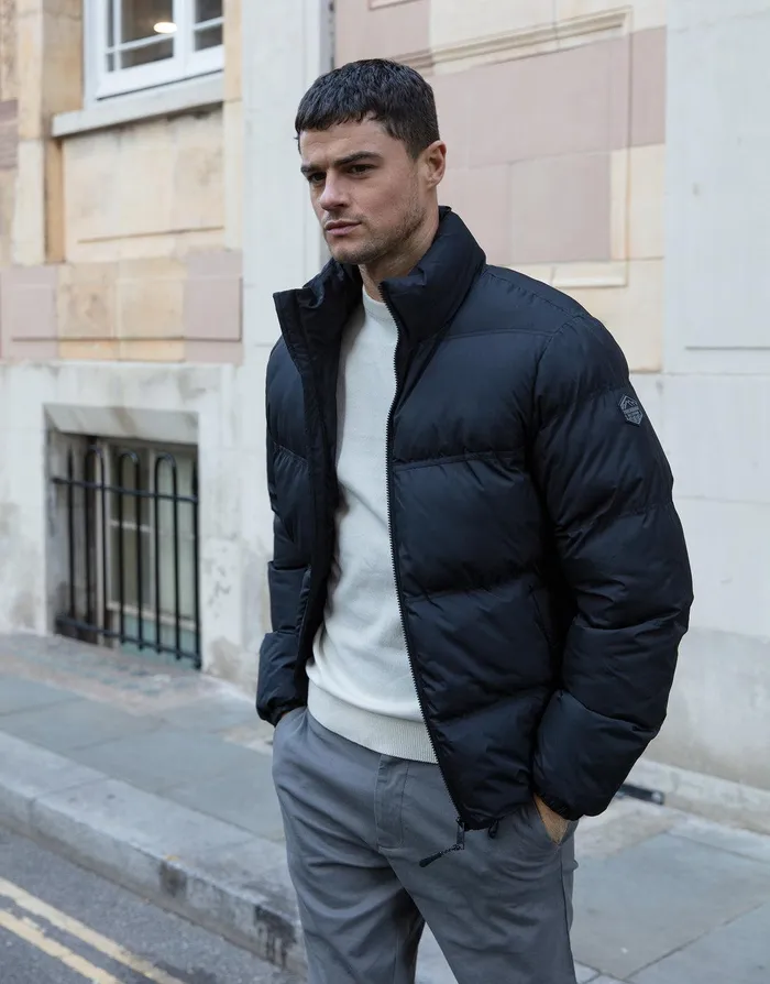 Men Black Funnel Neck Puffer Jacket Black Threadbare Jacket and Coats