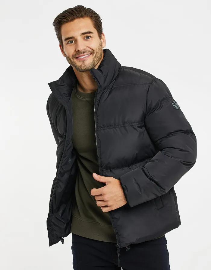 Men Black Funnel Neck Puffer Jacket Black Threadbare Jacket and Coats
