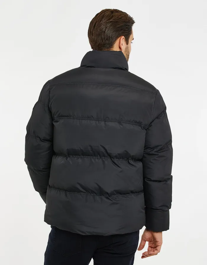 Men Black Funnel Neck Puffer Jacket Black Threadbare Jacket and Coats