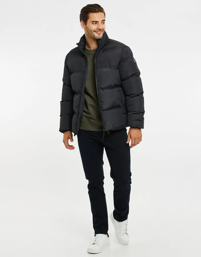 Men Black Funnel Neck Puffer Jacket Black Threadbare Jacket and Coats