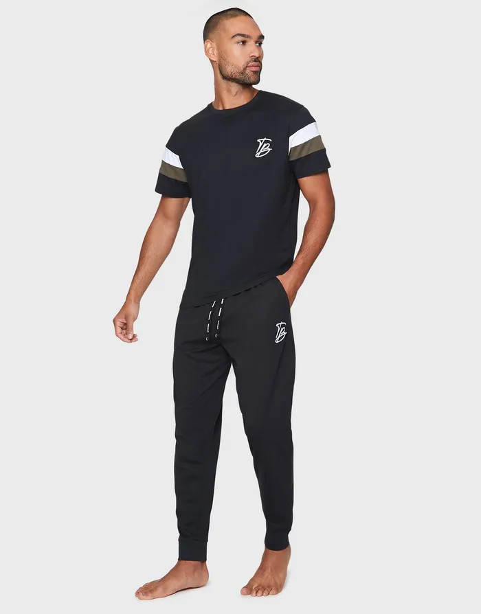 Men Black Pyjama Joggers and TShirt 2Piece Set Black Threadbare Loungewear