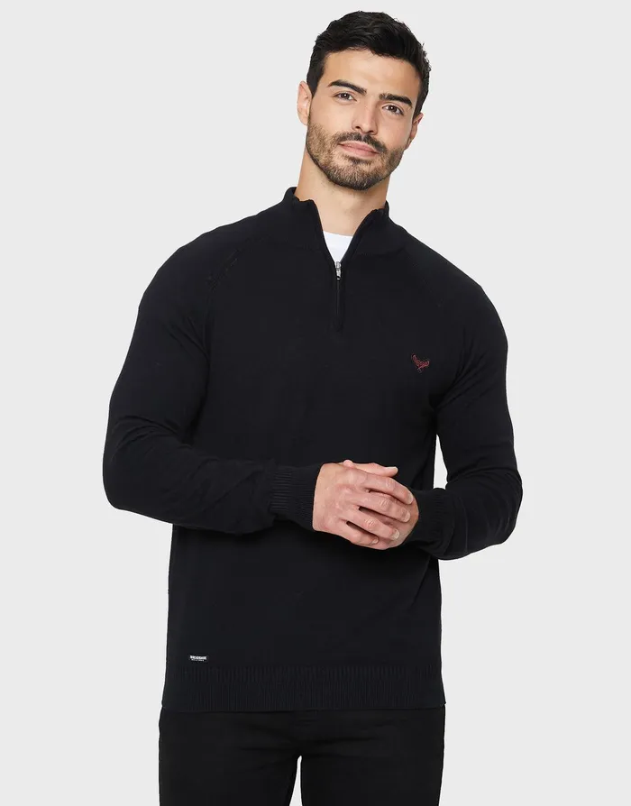 Men Black Quarter Zip Jumper Black Threadbare Knitwear