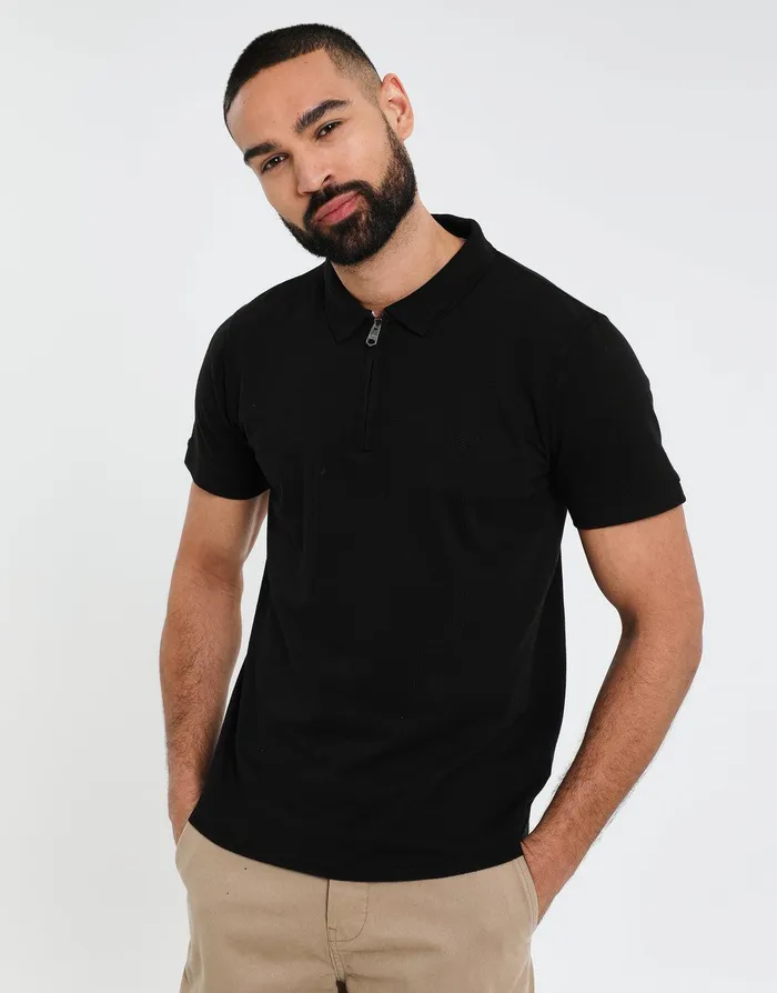 Men Black Waffle Zip Collar Polo Shirt Black Threadbare Polo Shirts