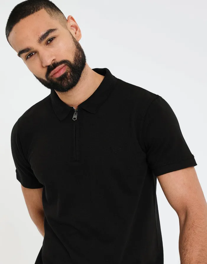 Men Black Waffle Zip Collar Polo Shirt Black Threadbare Polo Shirts Men Black Waffle Zip Collar Polo Shirt Black Threadbare Polo Shirts