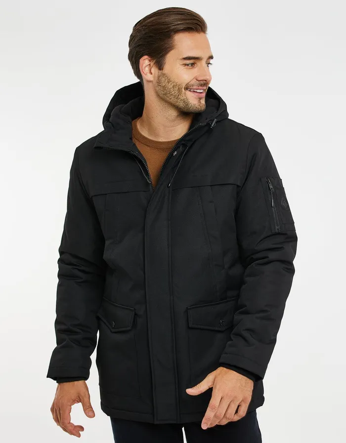 Men Black Zip Up Hooded Padded Mac Black Threadbare Jacket and Coats