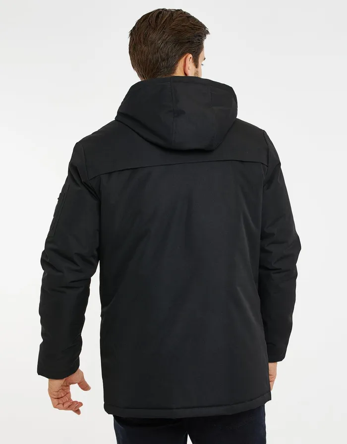 Men Black Zip Up Hooded Padded Mac Black Threadbare Jacket and Coats Men Black Zip Up Hooded Padded Mac Black Threadbare Jacket and Coats
