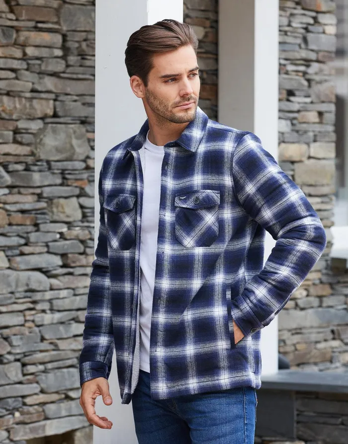 Men Blue Check Borg Lined Long Sleeve Shirt Blue Threadbare Shirts
