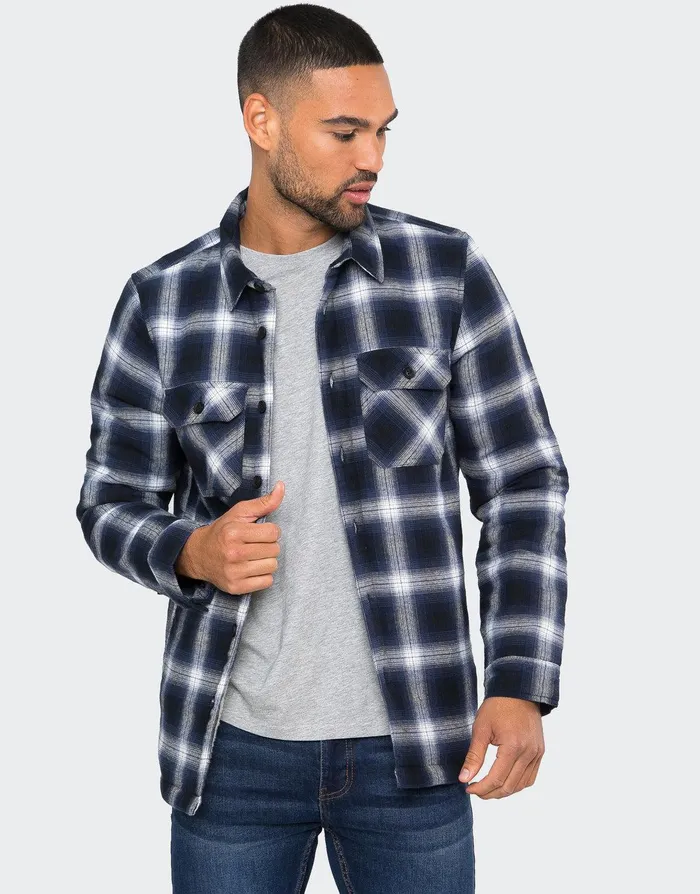 Men Blue Check Borg Lined Long Sleeve Shirt Blue Threadbare Shirts