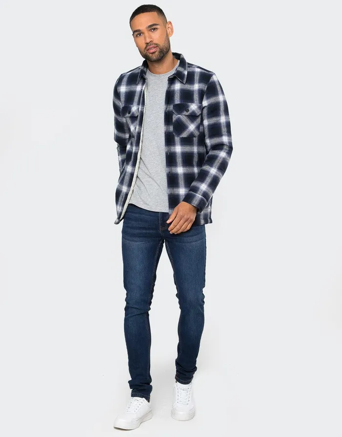 Men Blue Check Borg Lined Long Sleeve Shirt Blue Threadbare Shirts