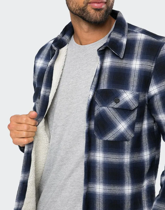 Men Blue Check Borg Lined Long Sleeve Shirt Blue Threadbare Shirts