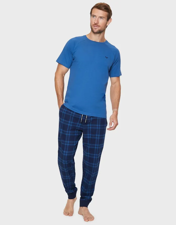 Men Blue Cotton Pyjamas 2Piece Set Blue Threadbare Loungewear