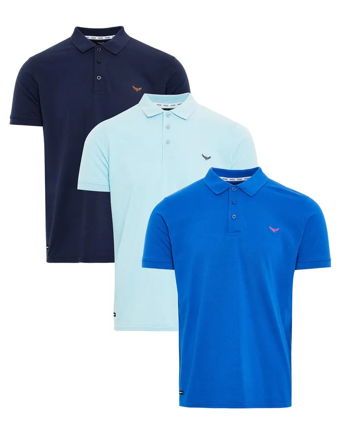 Men Blue Short Sleeve Classic Polo Shirts 3 Pack Blue Threadbare Polo Shirts