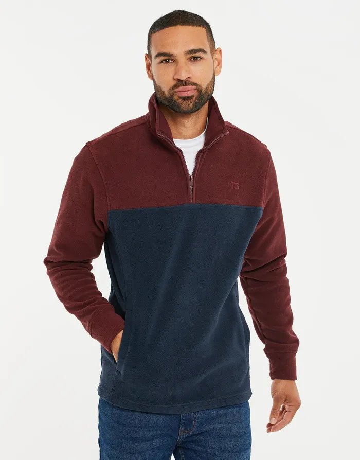 Men Burgundy and Navy Colourblock Quarter Zip Fleece Burgundy and Navy Threadbare Sweatshirts