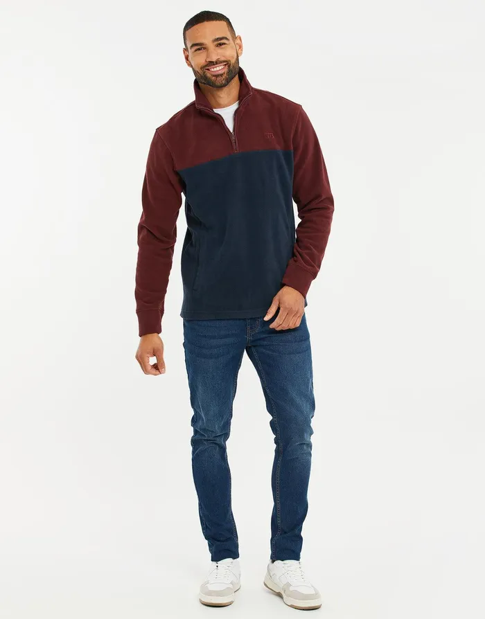 Men Burgundy and Navy Colourblock Quarter Zip Fleece Burgundy and Navy Threadbare Sweatshirts Men Burgundy and Navy Colourblock Quarter Zip Fleece Burgundy and Navy Threadbare Sweatshirts