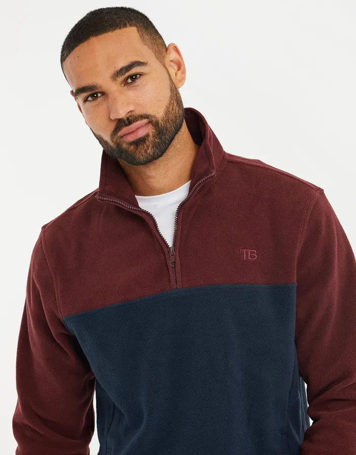 Men Burgundy and Navy Colourblock Quarter Zip Fleece Burgundy and Navy Threadbare Sweatshirts Men Burgundy and Navy Colourblock Quarter Zip Fleece Burgundy and Navy Threadbare Sweatshirts