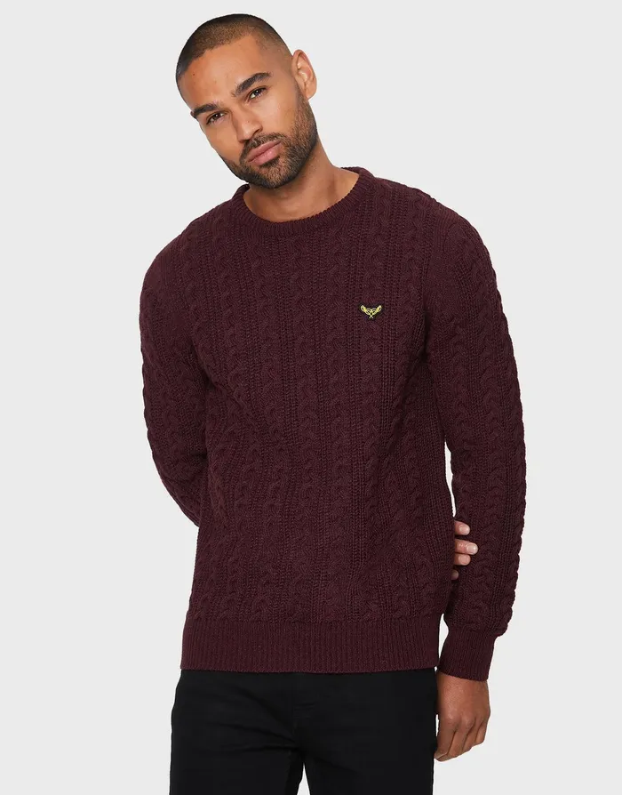 Men Burgundy Aubergine Twist Cable Knit Jumper Burgundy Aubergine Twist Threadbare Knitwear