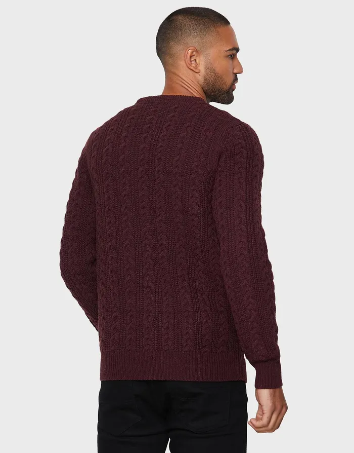 Men Burgundy Aubergine Twist Cable Knit Jumper Burgundy Aubergine Twist Threadbare Knitwear