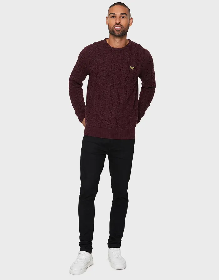 Men Burgundy Aubergine Twist Cable Knit Jumper Burgundy Aubergine Twist Threadbare Knitwear