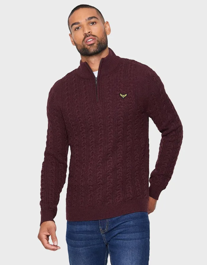 Men Burgundy Quarter Zip Jumper Burgundy Threadbare Knitwear