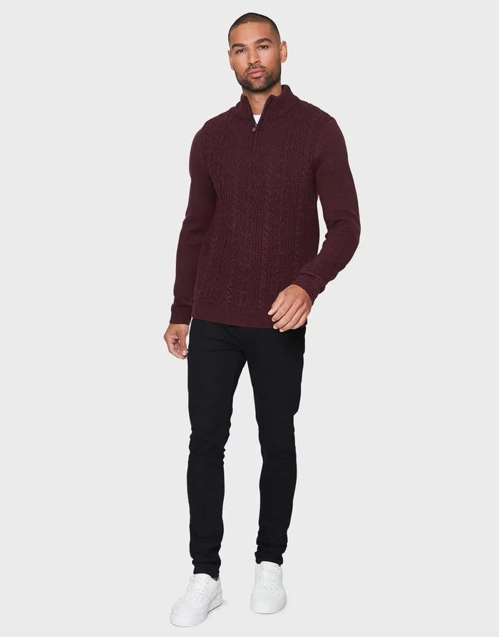 Men Burgundy Quarter Zip Turtleneck Jumper Burgundy Threadbare Knitwear
