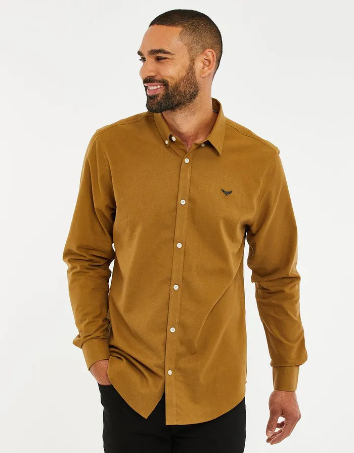 Men Camel Cotton Long Sleeve Shirt Camel Threadbare Shirts