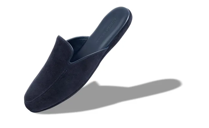 Men Casual Manolo Blahnik MONTAGUE Navy Blue Suede Slippers Men Casual Manolo Blahnik MONTAGUE Navy Blue Suede Slippers
