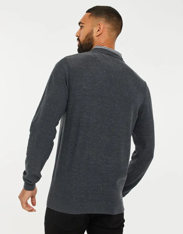 Men Charcoal Mock Shirt Knitted Jumper Charcoal Threadbare Knitwear Men Charcoal Mock Shirt Knitted Jumper Charcoal Threadbare Knitwear