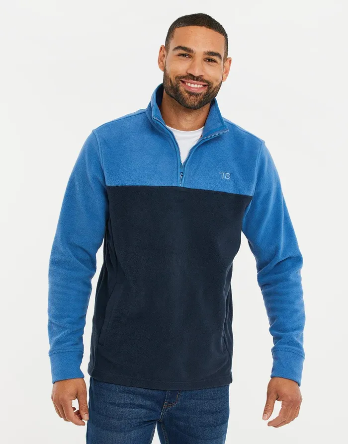 Men Cobalt and Navy Colourblock Quarter Zip Fleece Cobalt and Navy Threadbare Sweatshirts