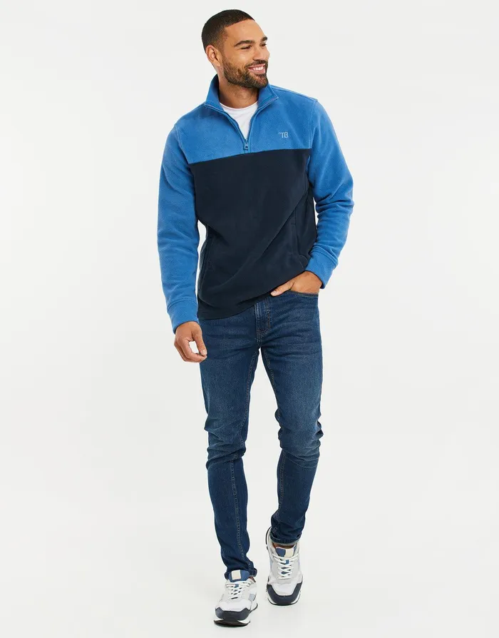 Men Cobalt and Navy Colourblock Quarter Zip Fleece Cobalt and Navy Threadbare Sweatshirts