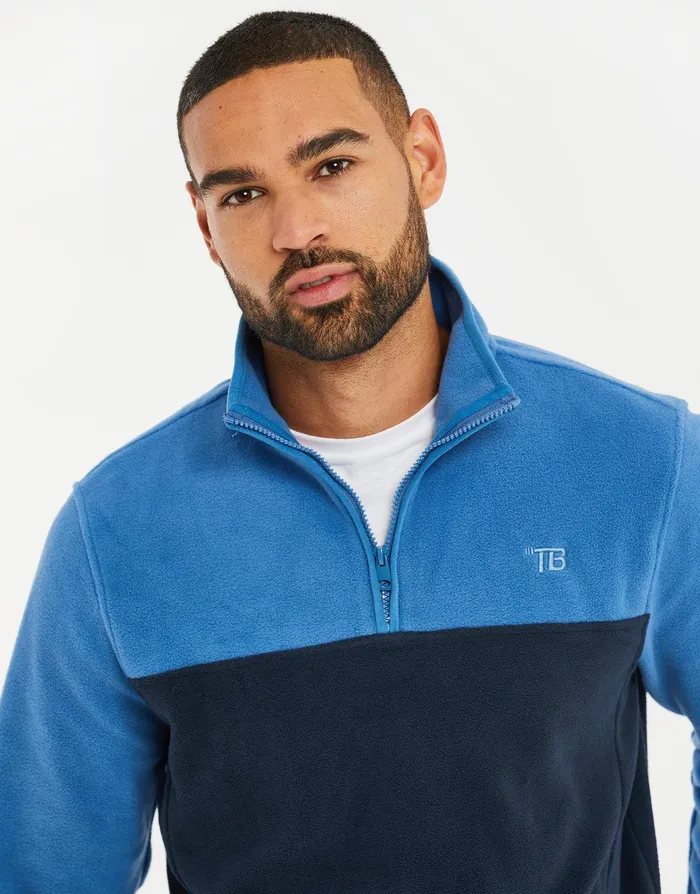 Men Cobalt and Navy Colourblock Quarter Zip Fleece Cobalt and Navy Threadbare Sweatshirts