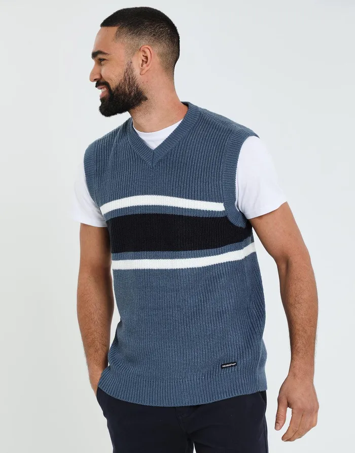 Men Denim Blue Knitted Vest Denim Blue Threadbare Knitwear