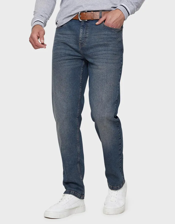 Men Dirty Wash Blue Straight Leg Belted Jeans Dirty Wash Threadbare Jeans