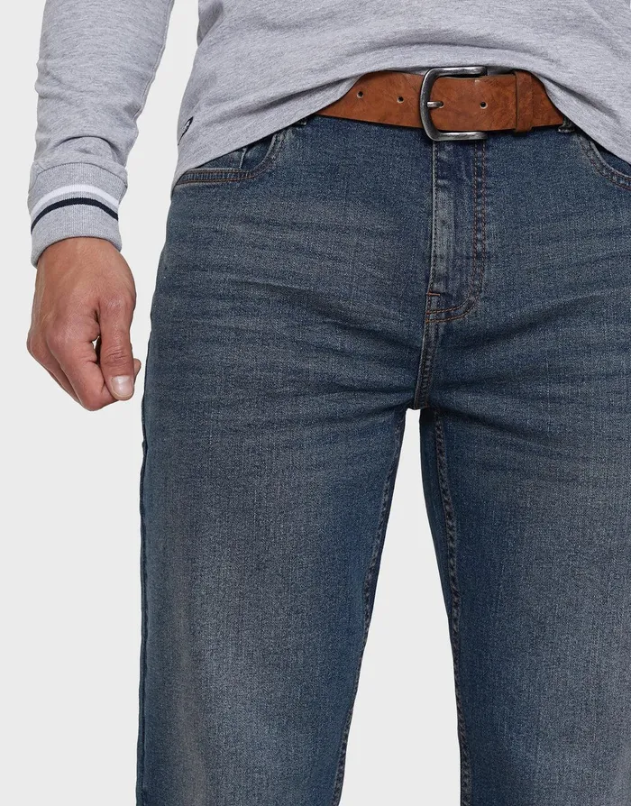Men Dirty Wash Blue Straight Leg Belted Jeans Dirty Wash Threadbare Jeans