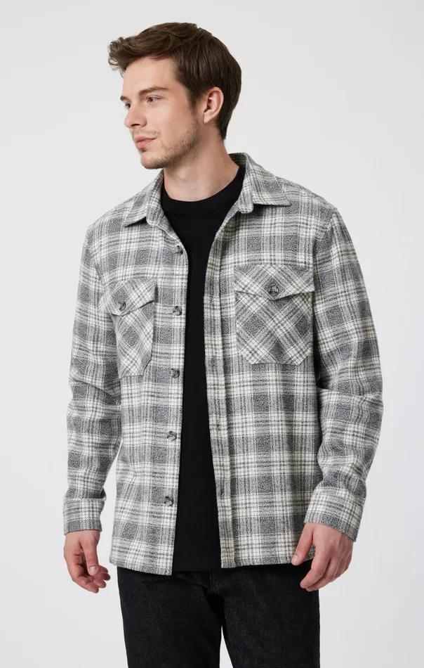 Men Double Pocket Check Shirt In Grey Marl CHeck Mavi Jeans Jackets