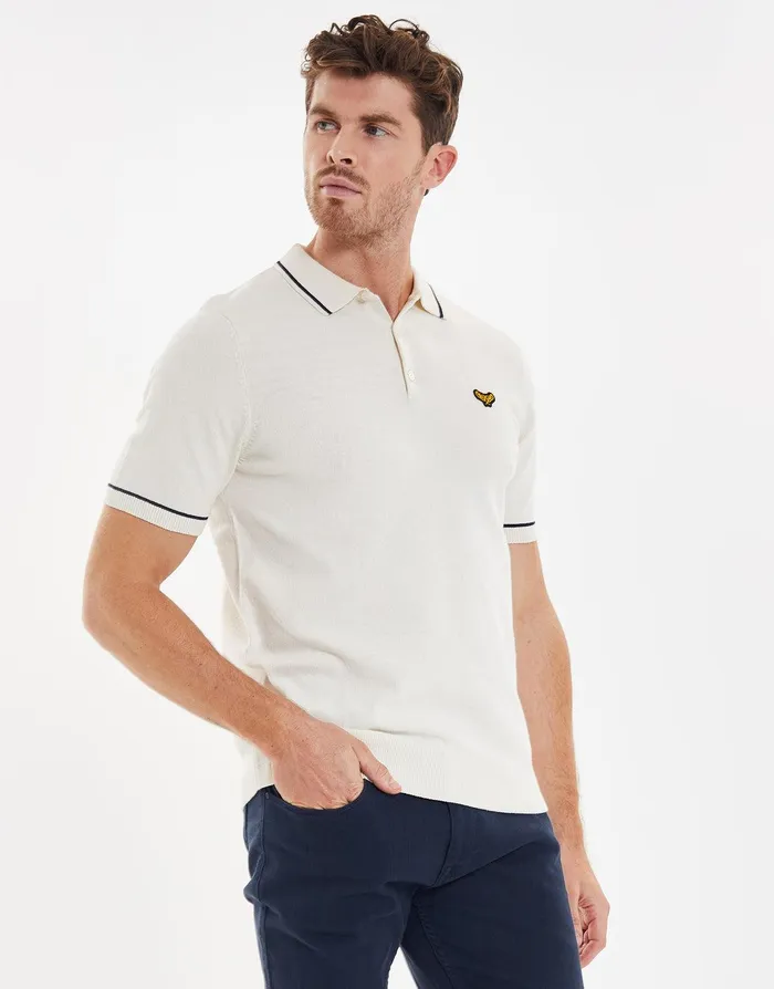 Men Ecru Tipping Button Collar Knitted Polo Ecru Threadbare Polo Shirts