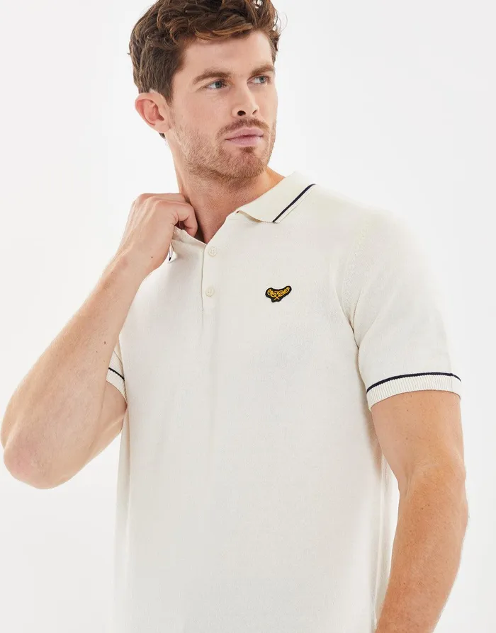 Men Ecru Tipping Button Collar Knitted Polo Ecru Threadbare Polo Shirts Men Ecru Tipping Button Collar Knitted Polo Ecru Threadbare Polo Shirts