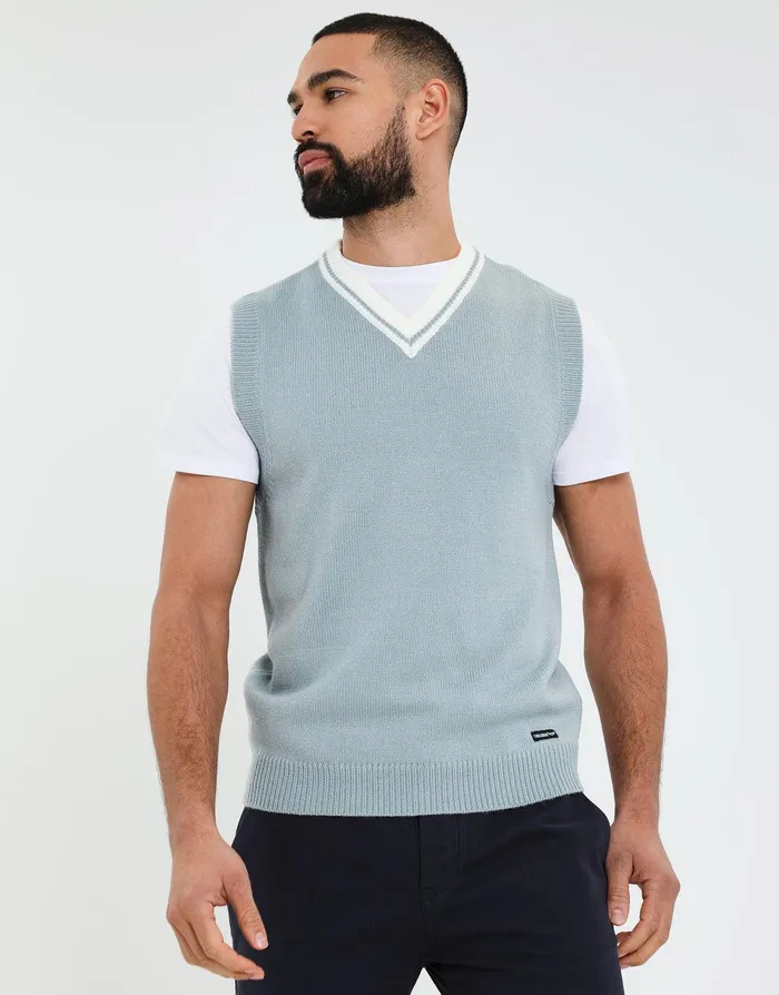 Men Green V Neck Knitted Vest Green Threadbare Knitwear