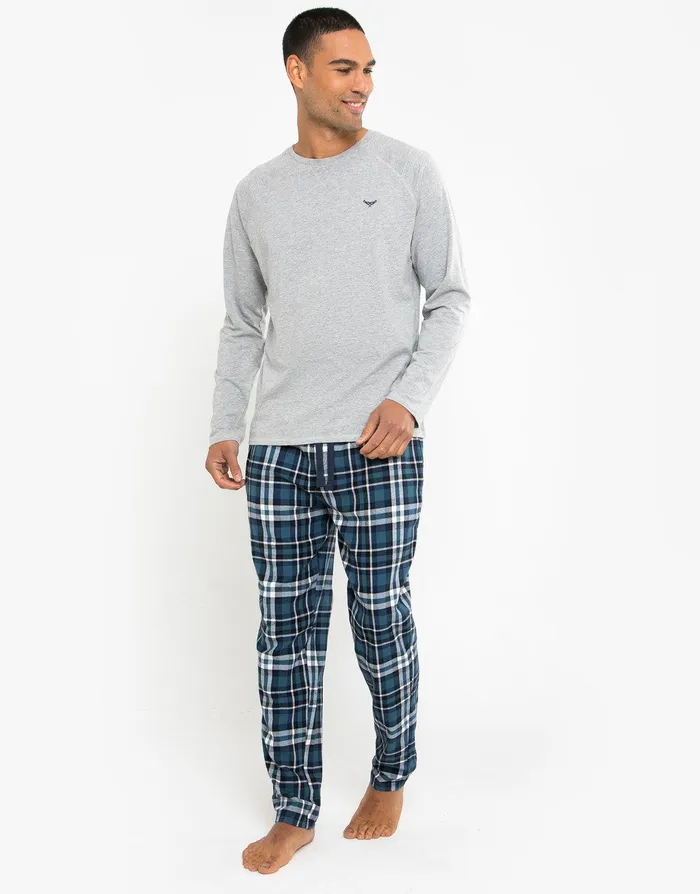 Men Grey and Blue Pyjama Check Trousers and TShirt 2Piece Set Mid Grey Marl Threadbare Loungewear Men Grey and Blue Pyjama Check Trousers and TShirt 2Piece Set Mid Grey Marl Threadbare Loungewear