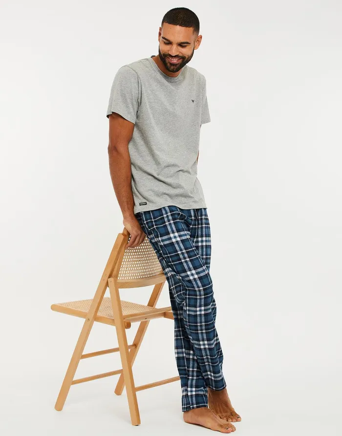 Men Grey Long Check Pyjama Set Light Grey Threadbare Loungewear Men Grey Long Check Pyjama Set Light Grey Threadbare Loungewear