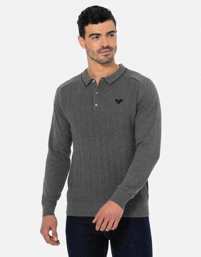 Men Grey Long Sleeve Polo Jumper Grey Threadbare Polo Shirts