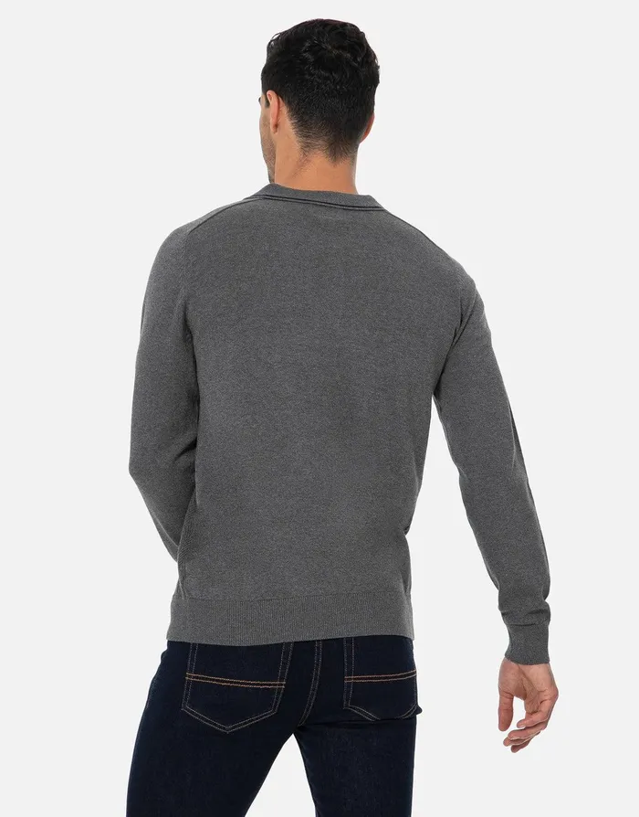 Men Grey Long Sleeve Polo Jumper Grey Threadbare Polo Shirts