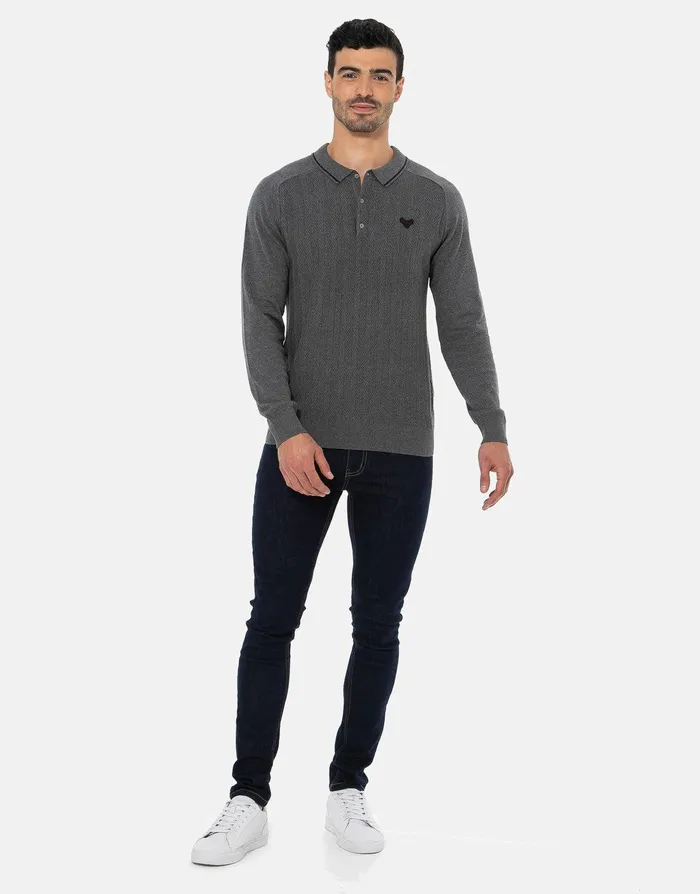 Men Grey Long Sleeve Polo Jumper Grey Threadbare Polo Shirts