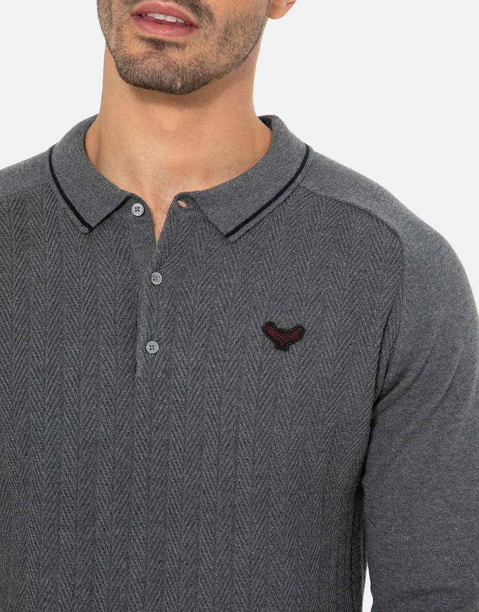 Men Grey Long Sleeve Polo Jumper Grey Threadbare Polo Shirts