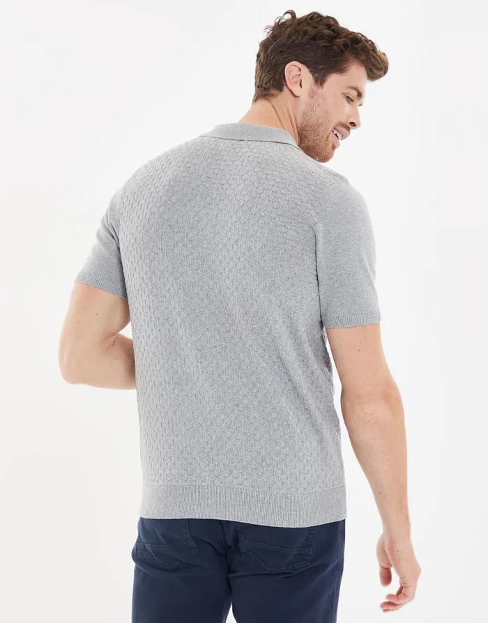Men Grey Marl Textured Quarter Zip Knitted Polo Grey Marl Threadbare Polo Shirts