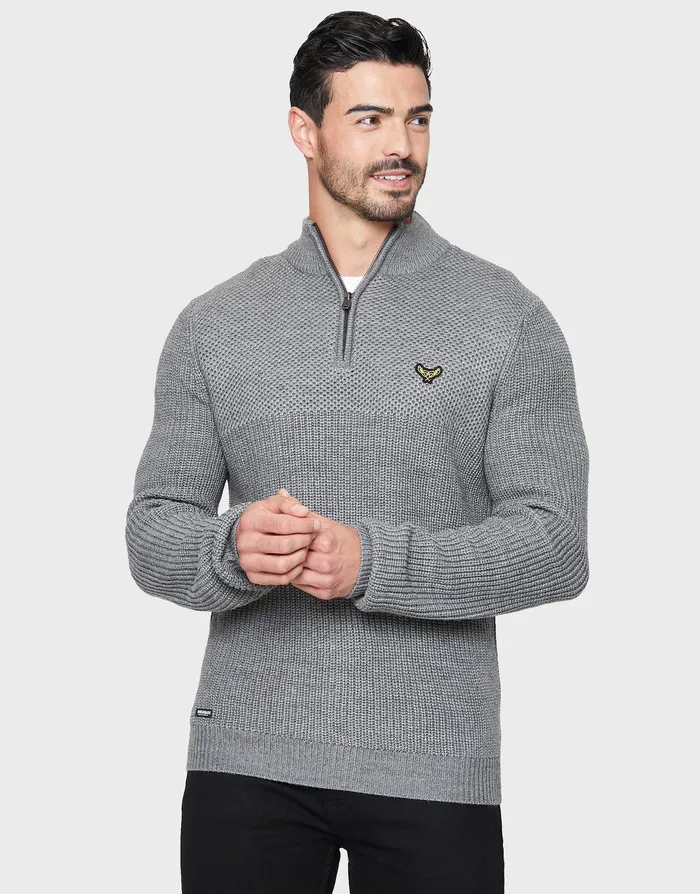 Men Grey Quarter Zip Jumper Grey Threadbare Knitwear