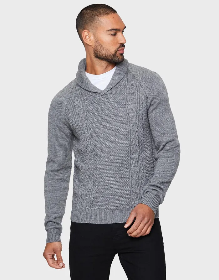 Men Grey Shawl Jumper Mid Grey Melange Threadbare Knitwear