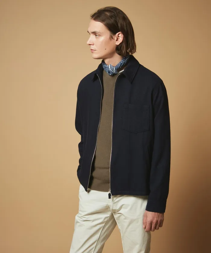 Men Hartford Jackets and Outerwear Navy Flannel Zip Jacket