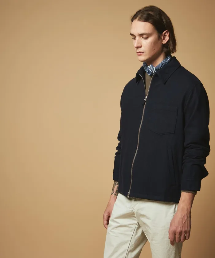 Men Hartford Jackets and Outerwear Navy Flannel Zip Jacket